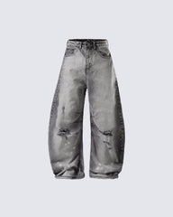 Vintage Street Distressed Washed Curved-Leg Jeans