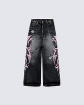 American Retro Style Flame Print Jeans