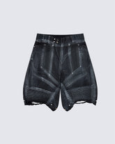 Dark Techwear Elastic-Waist Deconstructed Shorts