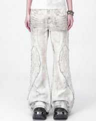 Angel Wing Print Distressed Wide-Legged Jeans