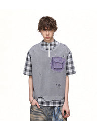 Patchwork Distressed Plaid Layered Knit T-Shirt