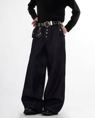 Dark Indigo Button Front Wide Denim Pants