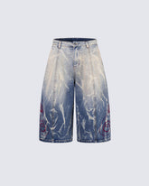 American-Style Design With A Fission Print Denim Capri Pants