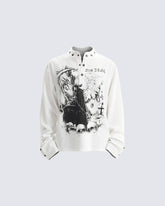 Street Printed Stand Collar Long Sleeve Polo Shirt