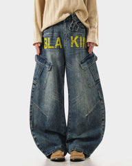 Retro Letter Print Wide-Leg Cargo Jeans