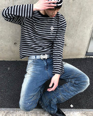 Subculture Cross Embroidered Striped Long Sleeve