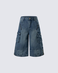 American Inverted Design Washed Cargo Denim Shorts