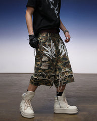 Camo Print Distressed Cargo Shorts