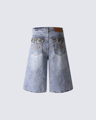 Punk Leopard Patch Embroidered Wide Denim Shorts