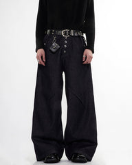 Dark Indigo Button Front Wide Denim Pants