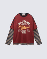 American Retro Patchwork Faux Two-Piece Long-Sleeved T-Shirt