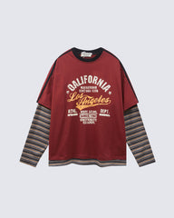American Retro Patchwork Faux Two-Piece Long-Sleeved T-Shirt