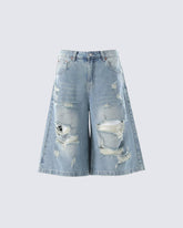 New Light Wash Distressed Wide Denim Shorts