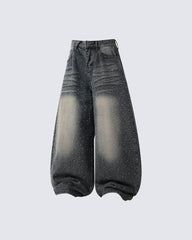 Washed Rhinestone Balloon Leg Jeans