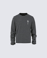 Subculture Cross Embroidered Striped Long Sleeve
