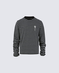 Subculture Cross Embroidered Striped Long Sleeve