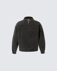 Washed Denim Graffiti Jacket with Contrast Collar