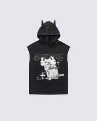 Vintage Cat Graphic Bat Sleeve Vest Hoodie