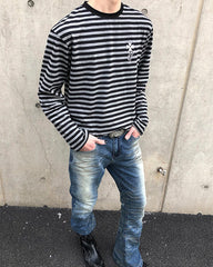 Subculture Cross Embroidered Striped Long Sleeve