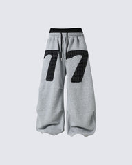 Double Waistband Number Patch Wide Leg Sweatpants