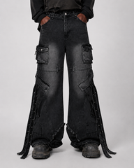 Distressed Cargo Pants with Strap Details