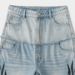 Vintage Wide-Leg Denim Pants with Flame Print