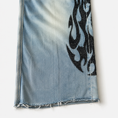 Vintage Wide-Leg Denim Pants with Flame Print