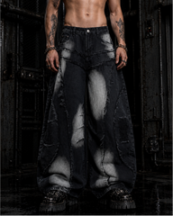 Distressed Wide-Leg Patchwork Jeans