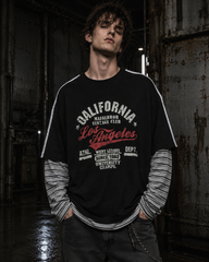 American Retro Patchwork Faux Two-Piece Long-Sleeved T-Shirt