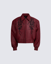Embroidered Faux Leather Moto Jacket