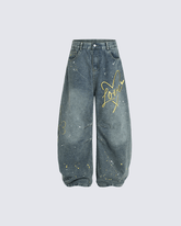 Graffiti Print Elastic Cuff Baggy Jeans