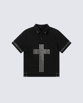 Dark Gothic Studded Cross Cropped Polo Shirt New