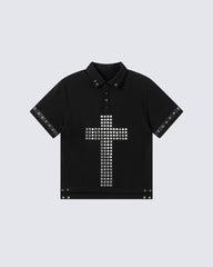 Dark Gothic Studded Cross Cropped Polo Shirt New