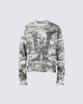Vintage Distressed Camo Print Long Sleeve T-shirt