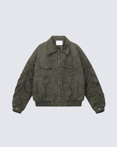 Ruched Sleeve Fleece-Lined Bomber Jacket