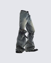 Vintage Buckle Strap Wide-Leg Jeans