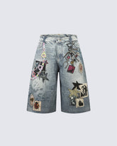 American Y2K Patchwork Denim Shorts