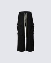 Black Wide-Leg Cargo Pants – Streetwear Baggy Trousers with Zipper & Drawstring