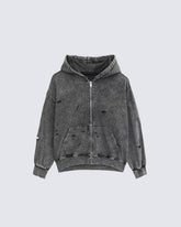 Distressed Washed Zip-Up Hoodie
