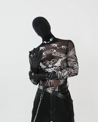 Gothic Mesh Long Sleeve Top with Graphic Print
