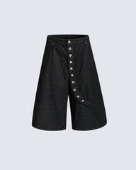 Button Detail Denim Wide Loose Shorts