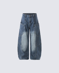 Washed Panel Design Loose Fit Denim Pants