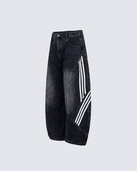 Striped Panel Washed Denim Pants