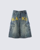 Distressed Multi-Pocket Graphic Denim Shorts