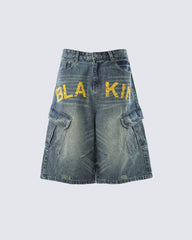 Distressed Multi-Pocket Graphic Denim Shorts