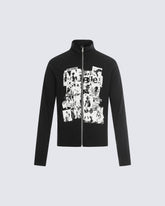 Ribbed Graphic Zip-Up Long Sleeve