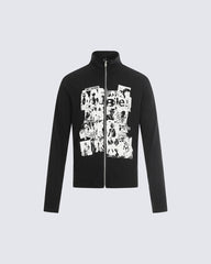 Ribbed Graphic Zip-Up Long Sleeve