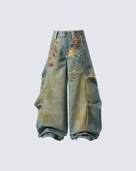 New Vintage Washed Cartoon Patch Balloon Jeans