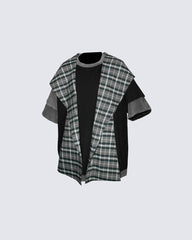 Retro-Inspired Niche Plaid Faux Two-Piece Short-Sleeved T-Shirt