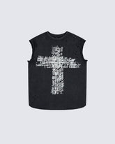 Distressed Denim Cross Print Sleeveless Vest